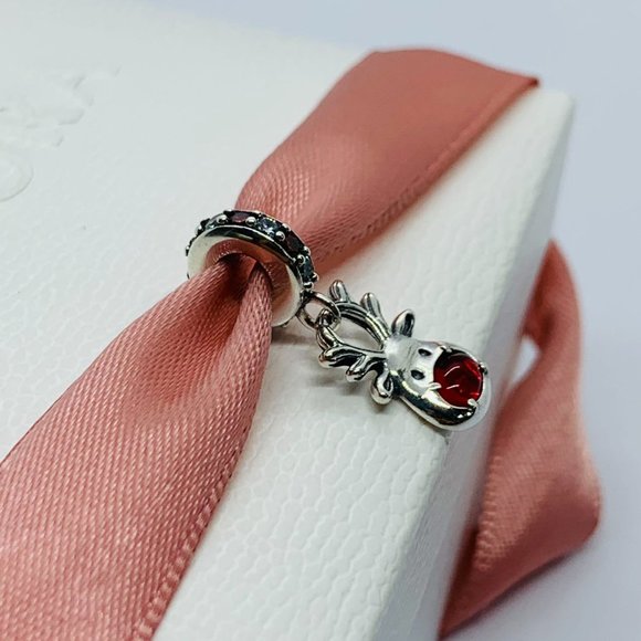 Pandora Red Nose Reindeer Murano Dangle Charm "Let your light shine" Pendant - Picture 9 of 10